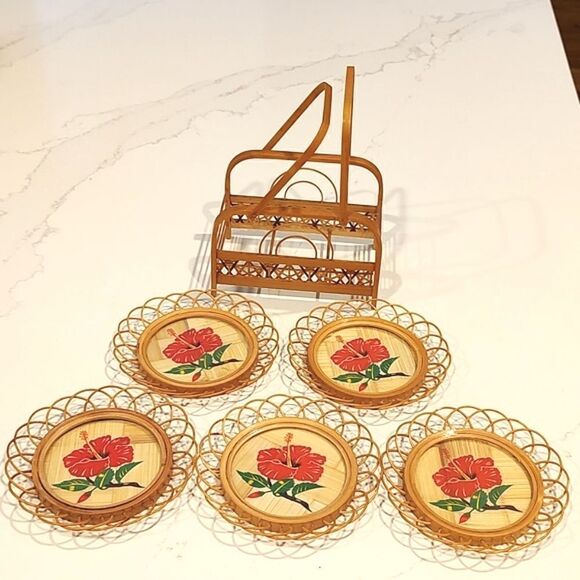 Vintage Bamboo Rattan Hibiscus Flower Set of 5 Coasters with Caddy - Picture 4 of 14